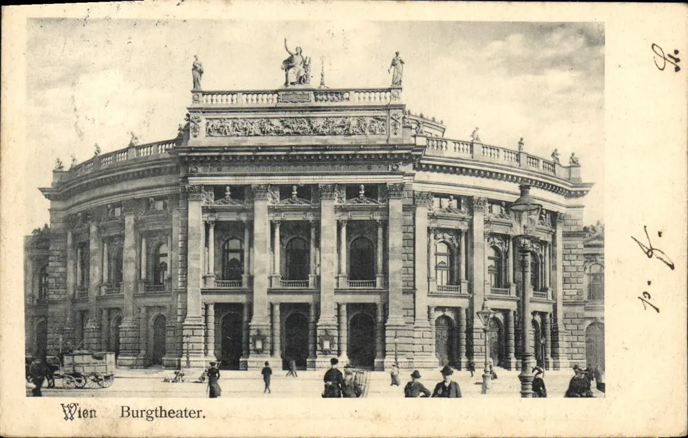 Viena — Teatro Burgtheater — fachada neoclássica decorada com estátuas — editor não identificado - Frente