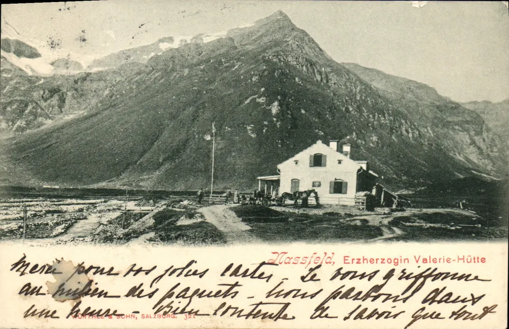 Hassfeld, Archiduquesa Valerie-Hütte — montañas nevadas, cabaña alpina — Wunthele & Sohn, Salzburgo, n° 321 - Anverso