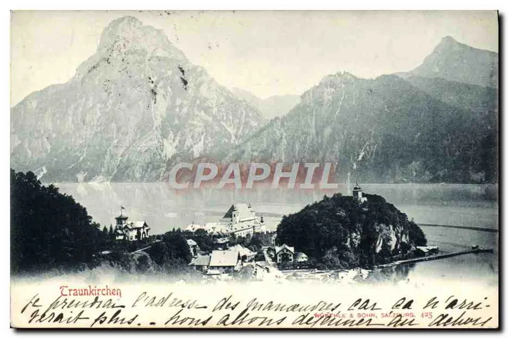 Traunkirchen — vista do lago e do castelo na ilha — Wörthle & Sohn, Salzbourg, n° 425 - Frente