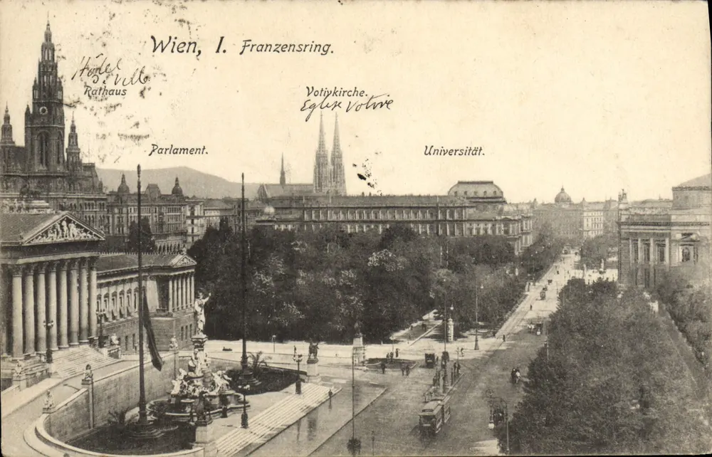 Wiedeń, I. Franzensring — panoramowy widok z Rathaus, Parlament, Votivkirche i Uniwersytet — Sperlings Postkartenvaing, Wiedeń, III/2, Löwengasse 33, Dep. Nr 151 S - Awers