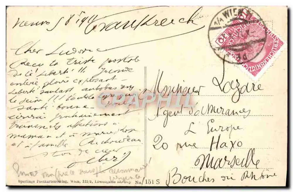 Wiedeń, I. Franzensring — panoramowy widok z Rathaus, Parlament, Votivkirche i Uniwersytet — Sperlings Postkartenvaing, Wiedeń, III/2, Löwengasse 33, Dep. Nr 151 S - Rewers