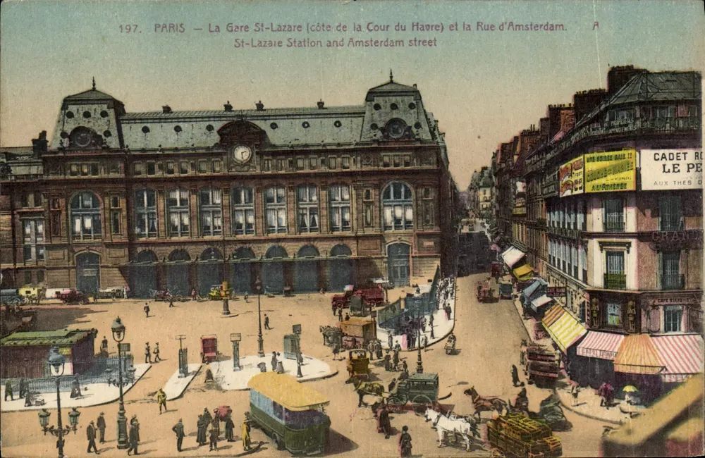 Paris — A Estação St-Lazare (côte de la Cour du Havre) e a Rue d'Amsterdam — editor A. P. Cadet - Frente
