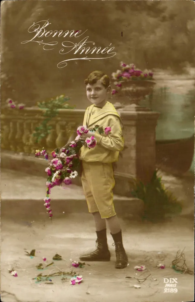Kind mit Blumenstrauß — Frohe Neujahr — DIX PARIS 2189 - Vorderseite