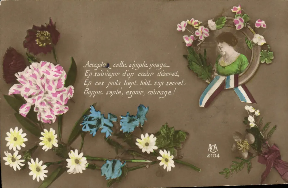Flores e retrato feminino — mensagem de apoio — editor A.A. n° 2104 - Frente