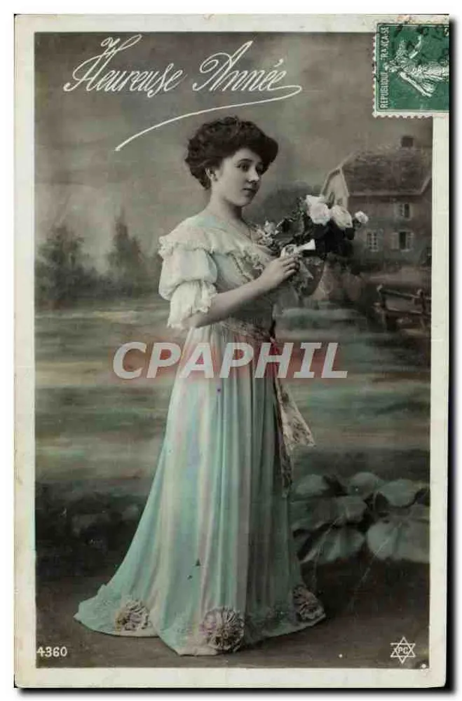 Frau in blauer Robe mit Blumenstrauß — Frohes Neues Jahr — anonymer Verlag, Nr. 4360 - Vorderseite
