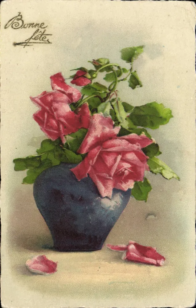 Bouquet de roses — dans un vase bleu — éditeur non visible - Awers