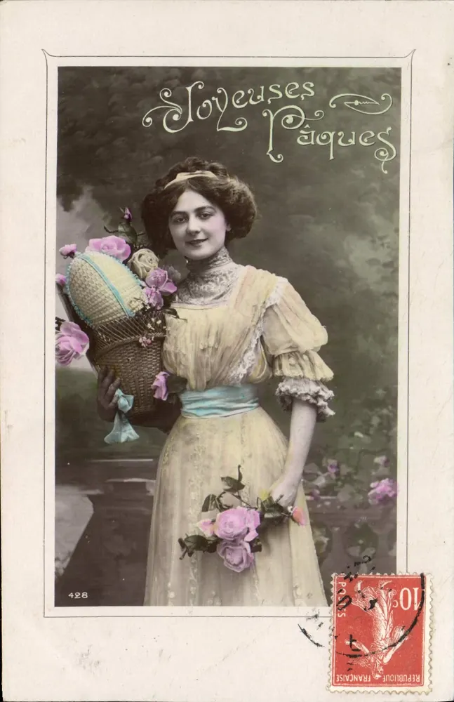 Junge Frau mit Osterei-Korb — 'Fröhliche Ostern' — unbekannter Verlag, n° 428 - Vorderseite