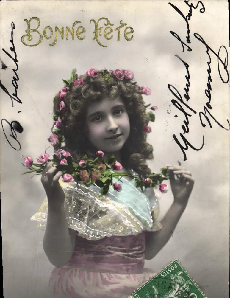 Fille en couronne de fleurs — carte de vœux 'Bonne Fête' — éditeur 'B. banker' et n° de série non lisible - Frente