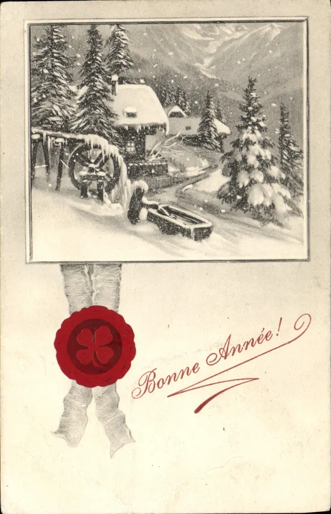 Scène hivernale alpine — chalet enneigé avec traîneau et roue — éditeur non visible - Vorderseite