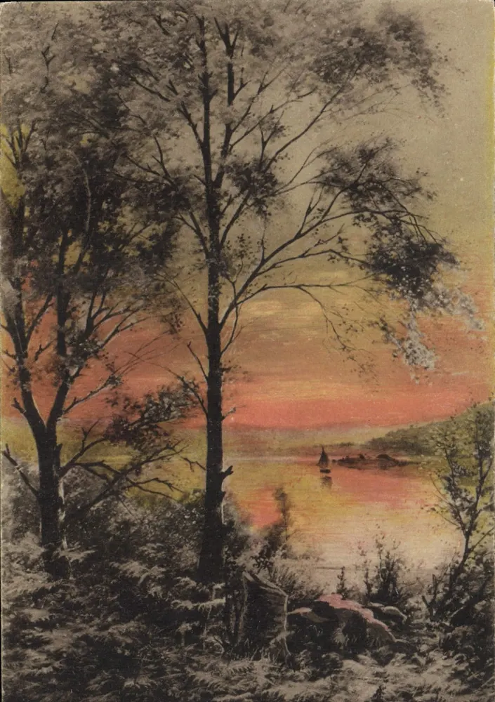 Paisagem de lago ao pôr do sol — editor não identificado, número de série não visível - Frente