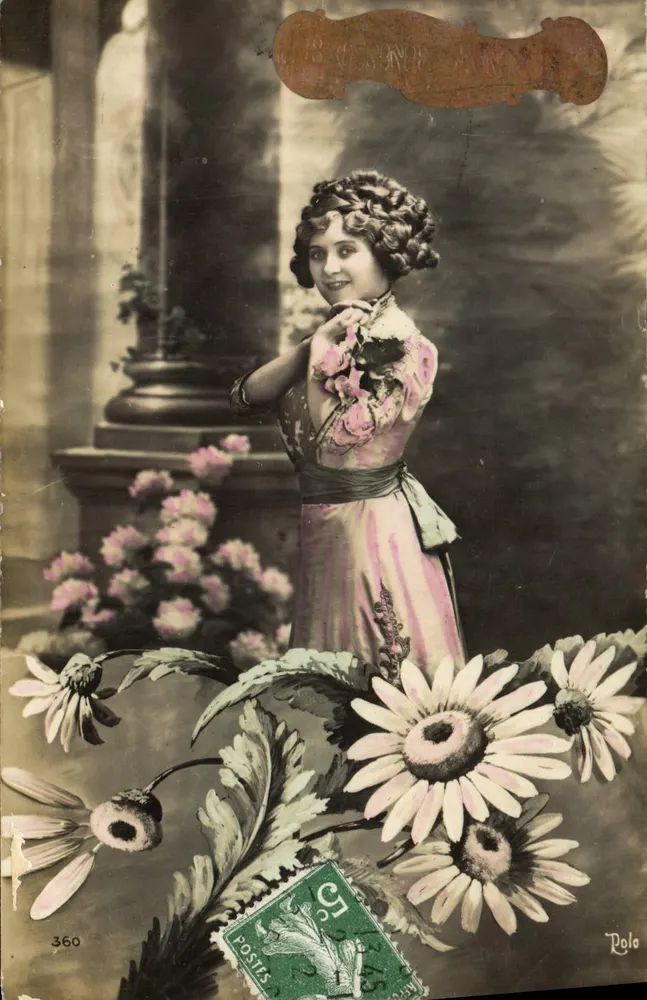 Frau in einem rosa Kleid unter Blumen — Verlag Rolo, Nr. 360 - Vorderseite