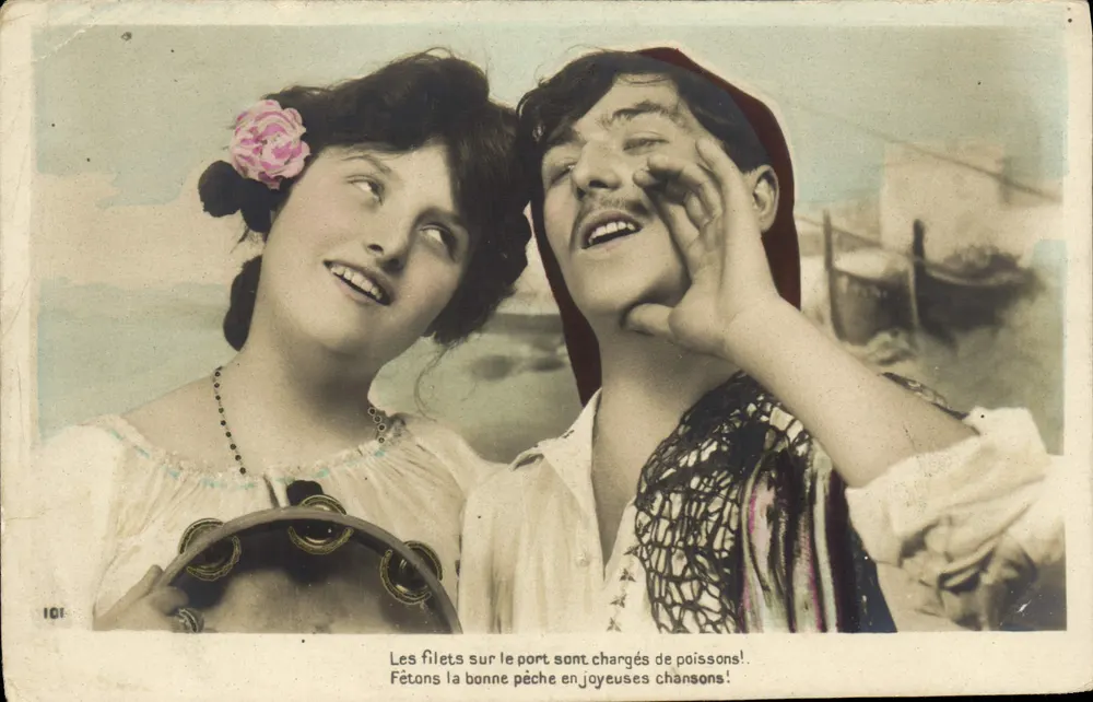 Jeune femme et jeune homme au port — scène de pêche joyeuse — éditeur IGI, n° 101 - Vorderseite