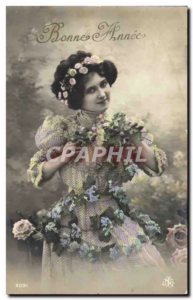 Junge Frau in einem blumengeschmückten Kleid — Frohes Neues Jahr — Nr. 3001, Verlag N.J. (N. Jules) - Vorderseite