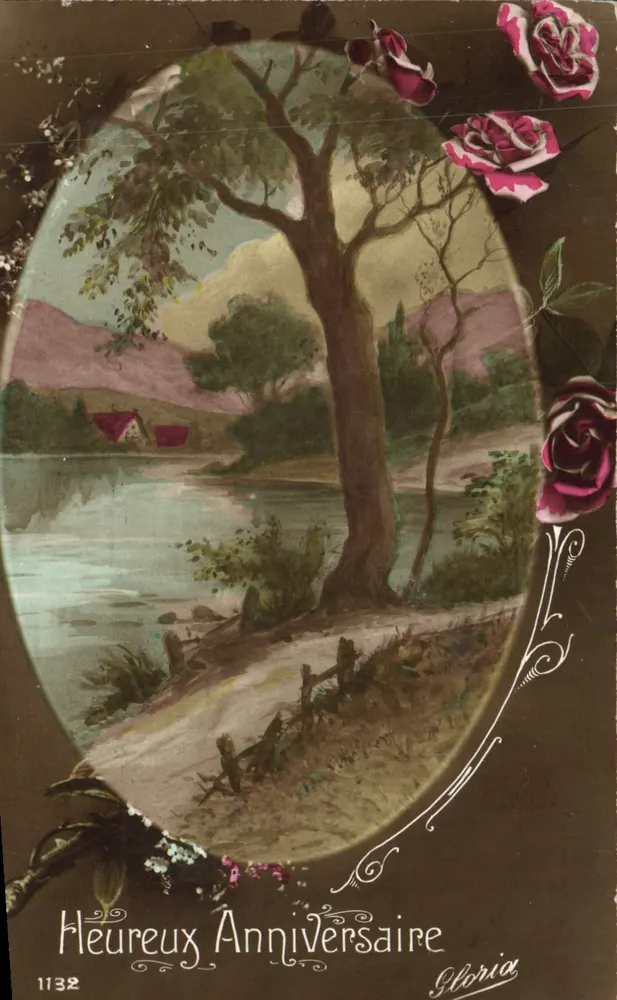 Landschaft mit See und Baum — 'Heureux Anniversaire Gloria' — Serie 1132 - Vorderseite