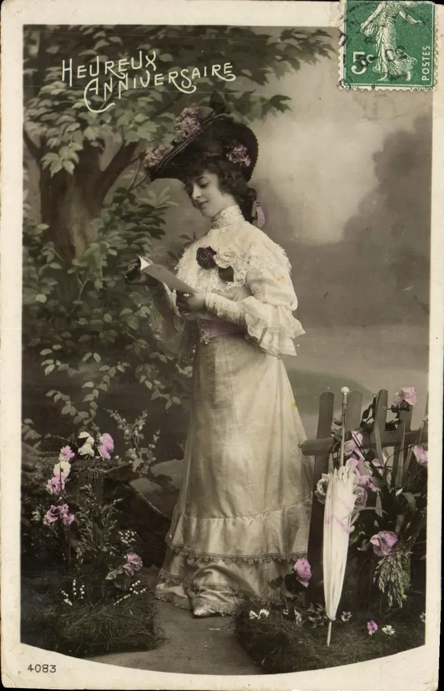 Frau in einem Kleid im Stil der Belle Époque — Buch lesend — anonymer Verlag, Nr. 4083 - Vorderseite