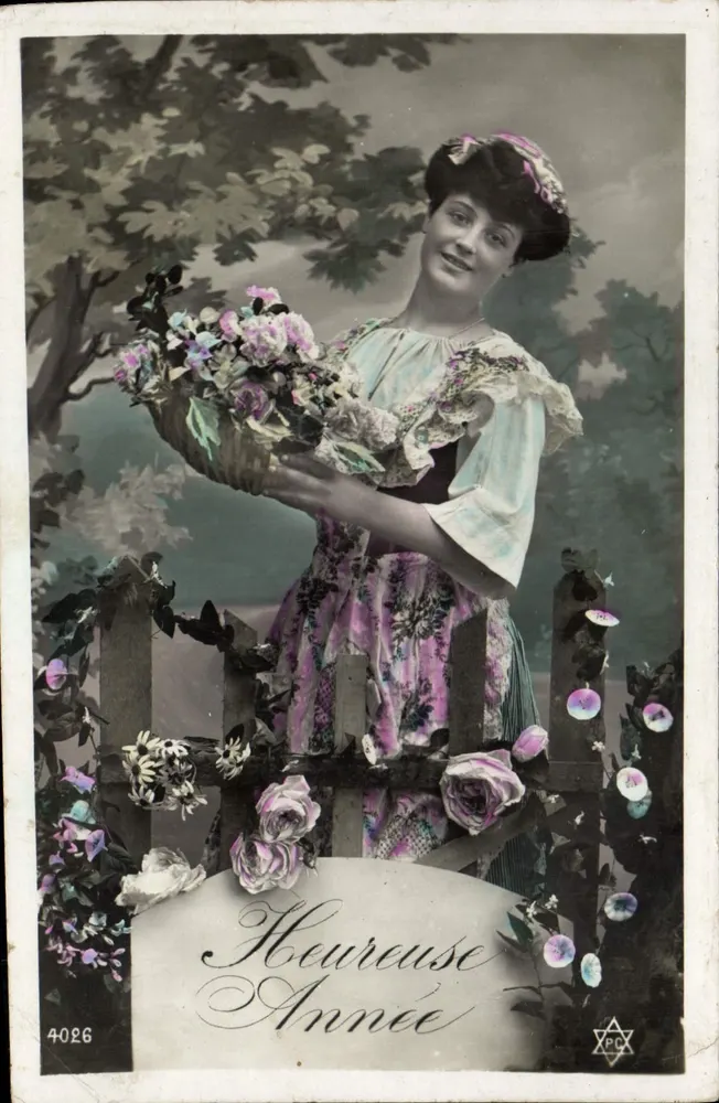 Frau mit einem Blumenkorb — 'Glückliches Neues Jahr' — XPC, Nr. 4026 - Vorderseite