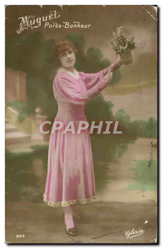 Femme en robe rose tenant un panier de fleurs — scène de jardin — éditeur Muguet Porte-Bonheur, n° 295 - Vorderseite