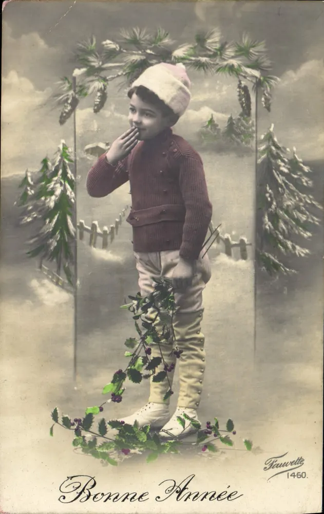 Niño con ropa de invierno — decoración de abetos y hiedra — editor Truwells, n° 1460 - Anverso