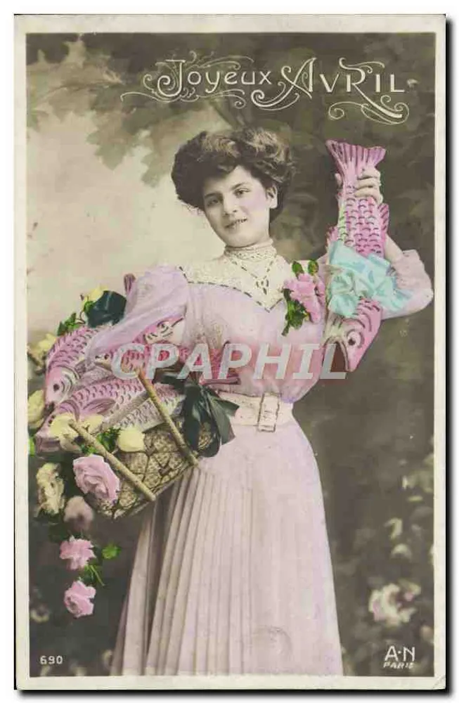 Junge Frau in rosa Kleid mit Fischkorb und Blumen — A.N. PARIS, Nr. 690 - Vorderseite