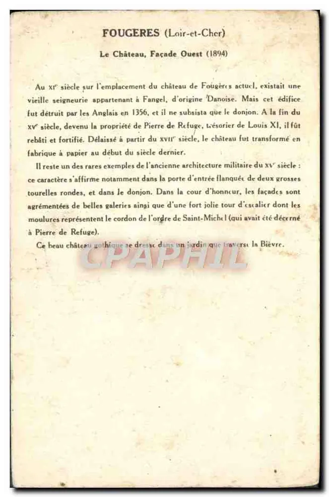 Fougères (Loir-et-Cher) — O Castelo (Fachada Oeste) — 1ª Série (1894) - Verso