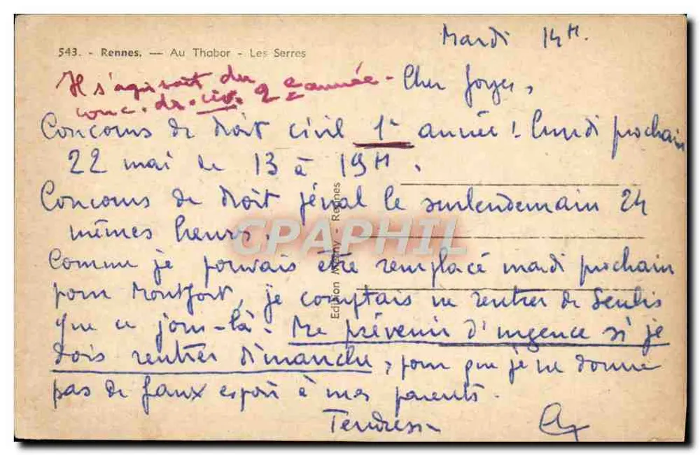 Rennes — Au Thabor — Les Serres — Édition Mény, n° 543 - Verso