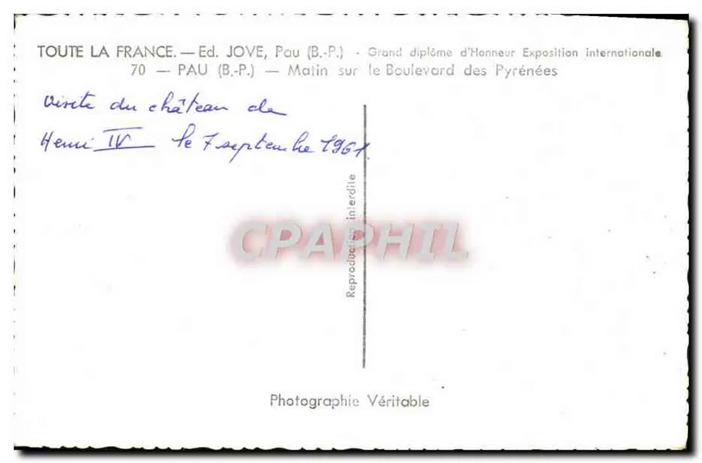 Visão do castelo de Henrique IV — Pau — Ed. JOVE, n°70 - Verso