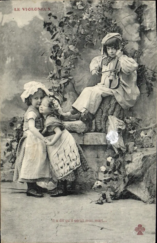 Zwei junge Mädchen und ein Junge mit einem Violin — Der Violoneux — anonymer Verleger - Vorderseite