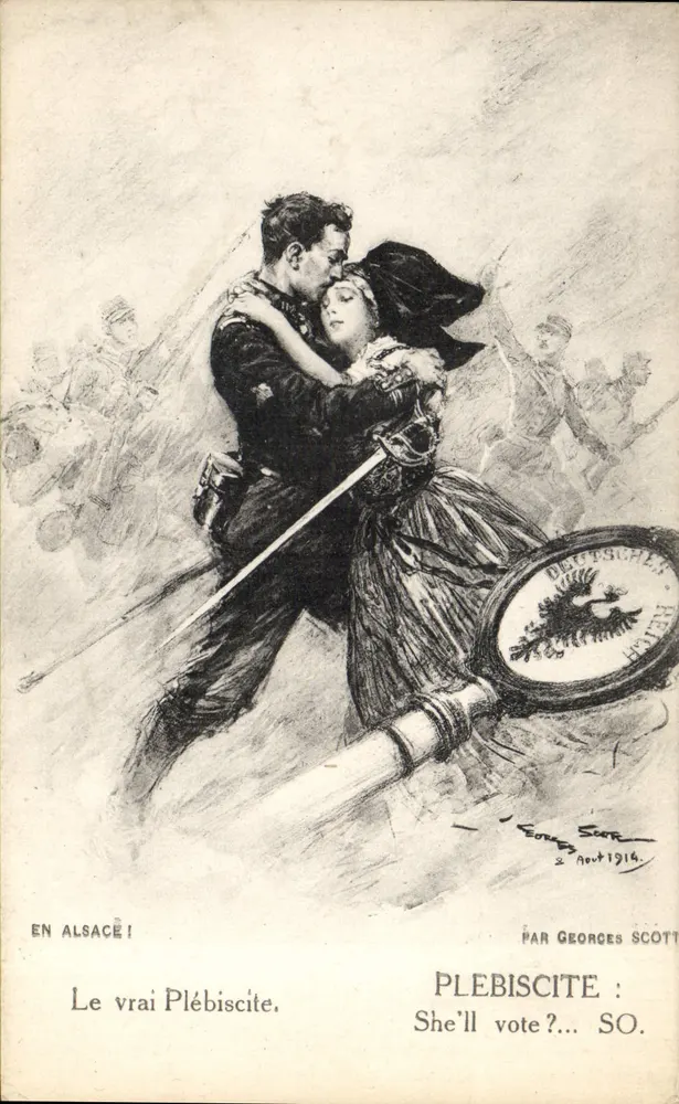 Un soldado besando a una mujer en Alsacia — caricatura política — por Georges Scott, fechada 2 de agosto de 1914 - Anverso