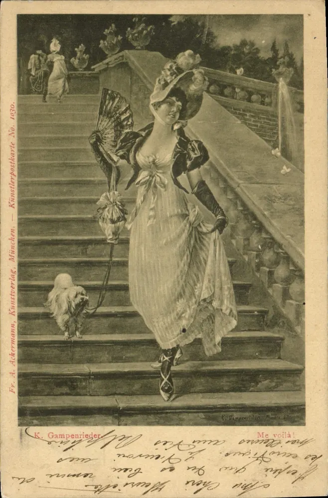 Frau in Abendkleid und Hund auf den Stufen — K. Gampenrieder — Künstler-Postkarte Nr. 1630 — München, Kunstverlag A. Ackermann - Vorderseite