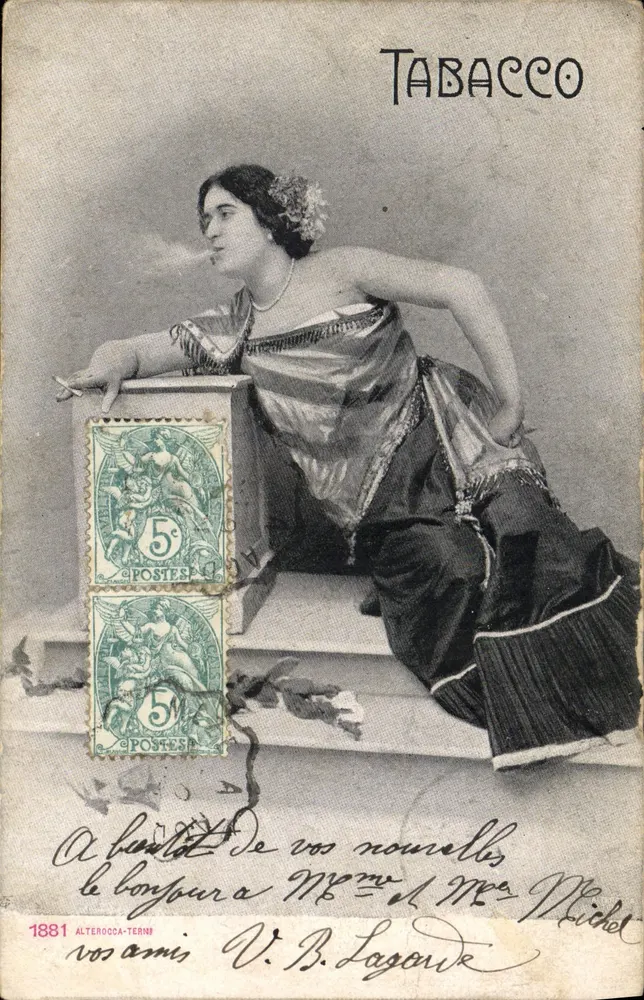 Frau, die eine Zigarette raucht — Werbung für Tabacco — veröffentlicht von V. B. Lagonde - Vorderseite