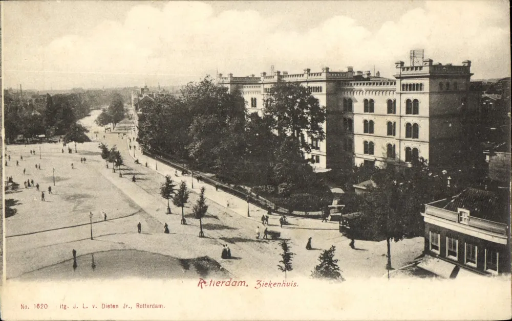 Rotterdam, Ziekenhuis — vue de l'hôpital avec place arborée — éditeur itg. J. L. v. Dieten Jr., Rotterdam, n° 1620 - Frente