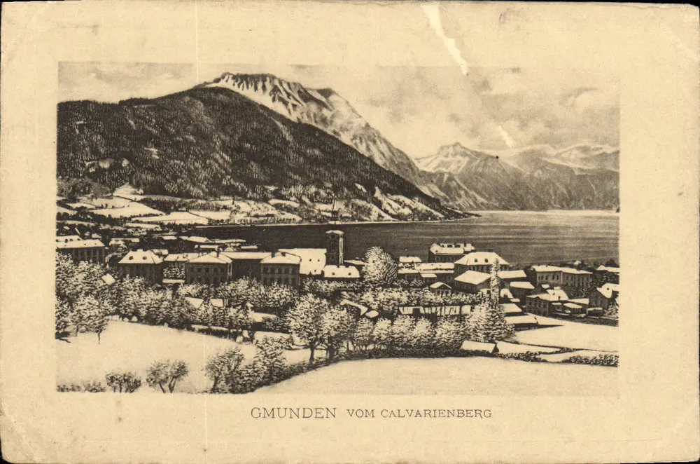 Gmunden vom Calvarienberg — vue panoramique du lac et des montagnes — éditeur O. Schleich Nachf., Dresden - Vorderseite