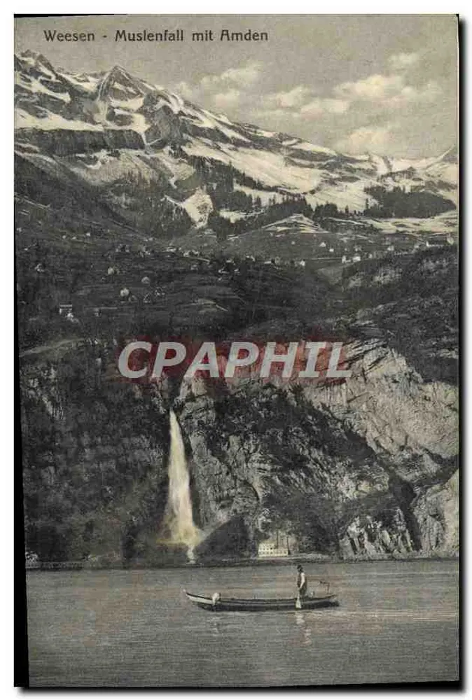 Weesen - Muslenfall mit Amden — cascade et lac avec barque — éditeur Verlag v. Schönwetter-Elmer, Glarus, n° 425 - Frente
