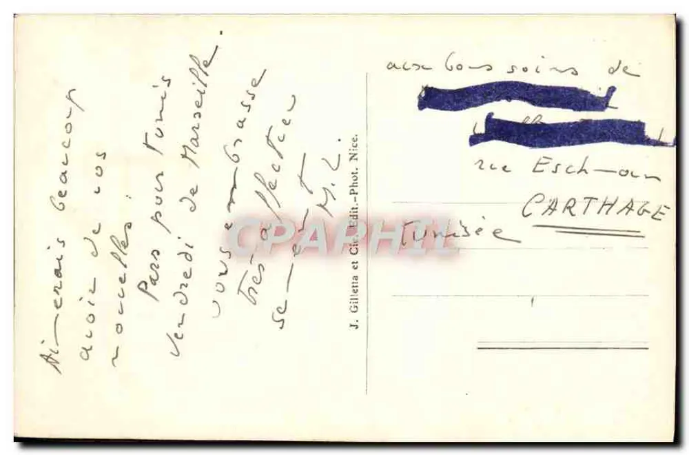 Cannes - As Regatas — J. Giléna e Cie, Nice, n° 474 - Verso
