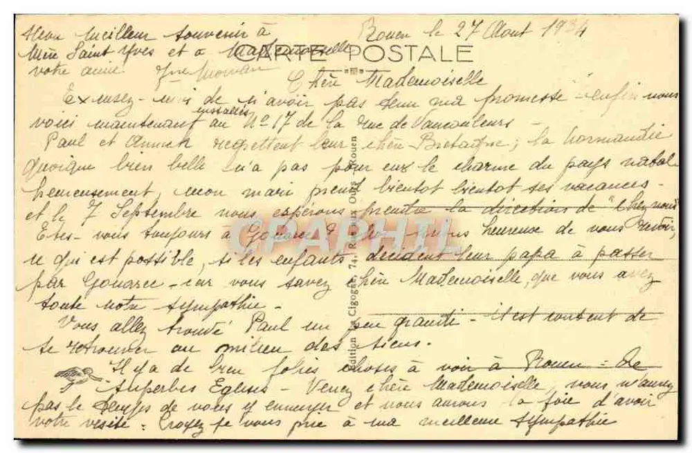 Rouen — Catedral — Conjunto — Editor Cigogna, n° 139 - Verso