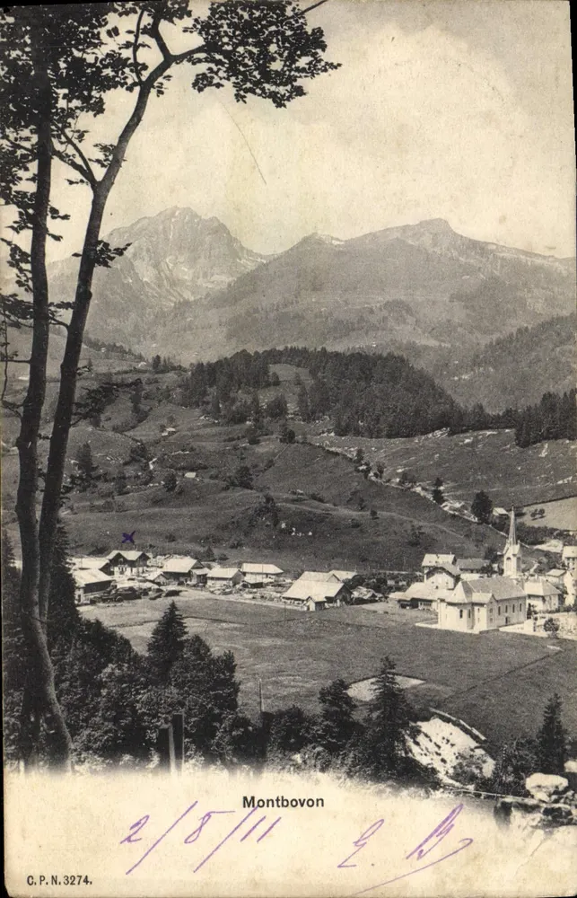 Montbouvon — visão panorâmica do vilarejo e das montanhas — C.P.N. 3274 - Frente