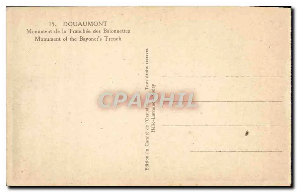 Monumento da Tranchée des Bayonnettes — Douaumont — Edição do Comité de l'Osusin, Hélo-Lorraine - Verso