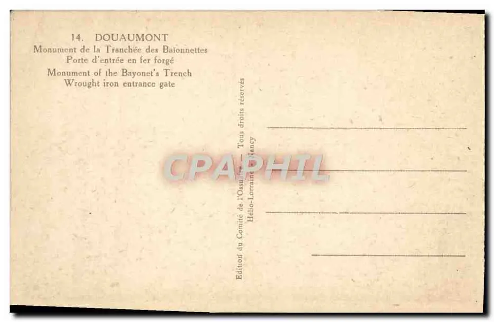 Douaumont — Denkmal der Baionetten-Schützengräben — Eiserne Eingangstür — Ausgabe des Ossuar-Komitees, Nancy - Rückseite