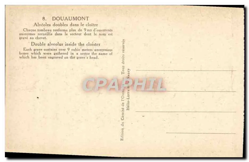 Douaumont — Cripta das Alvéolas — Edição do Comitê do Ossuário, Nancy - Verso