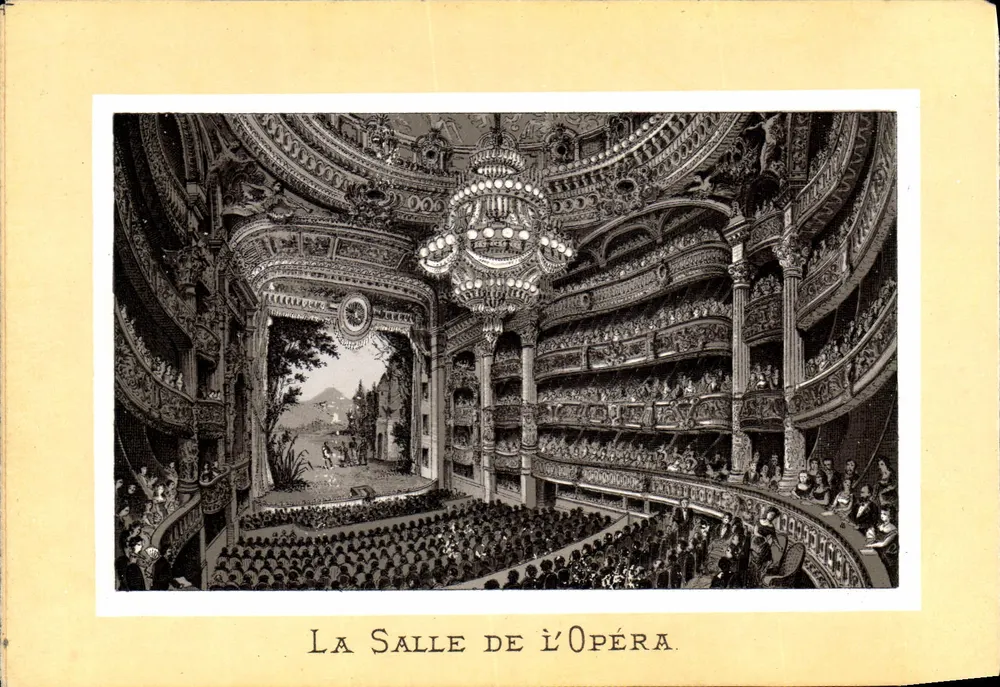 Sala operowa — wnętrze ozdobione, scena z pejzażem - Awers