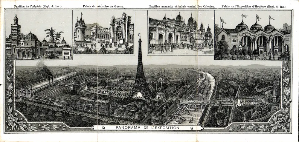 Panorama de l'Exposition — Vue aérienne avec la Tour Eiffel et pavillons (Algérie, Guerre, Colonies, Hygiène) — Éditeur : Imprimerie de l'Exposition - Frente