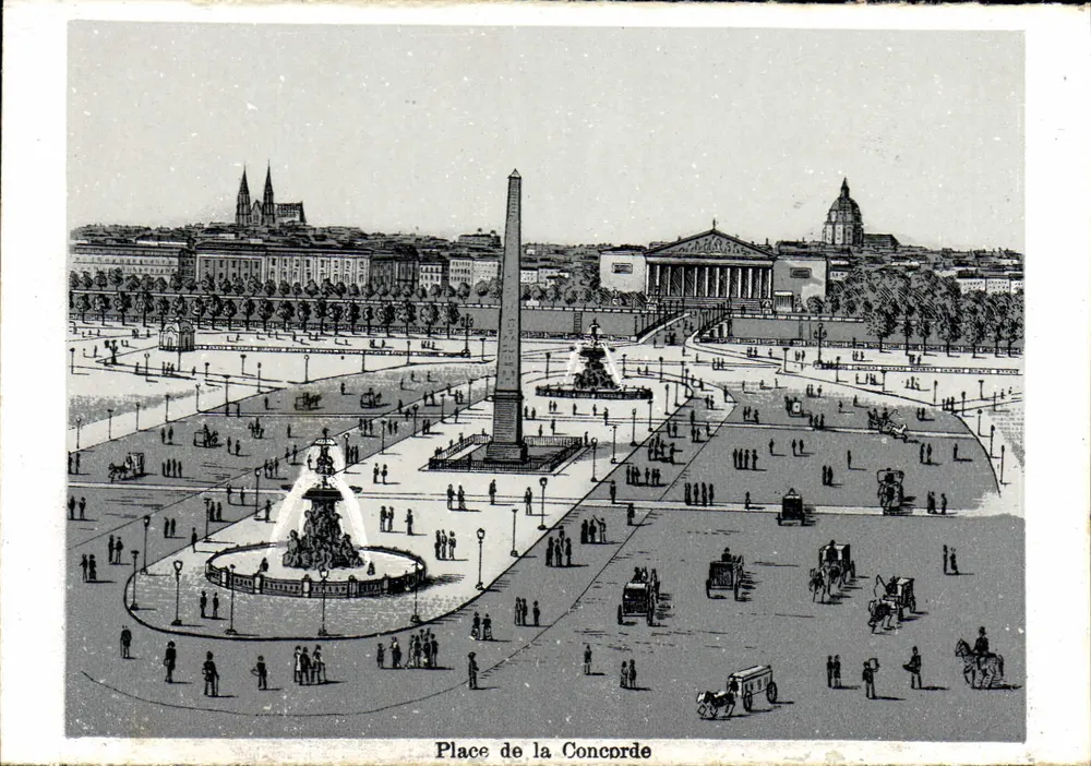 Place de la Concorde — vue panoramique avec obélisque et fontaine — éditeur imprimeur non visible - Frente
