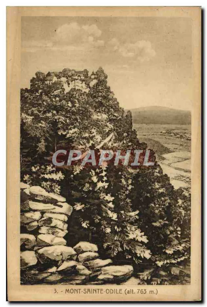 Mont-Sainte-Odile (alt. 763 m.) — vista panorâmica do topo com edifício e vale — editor não visível, n° de série 3 - Frente