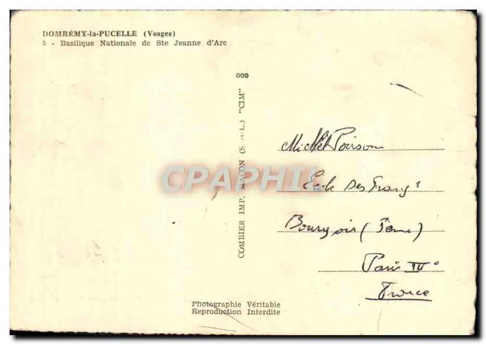 Domrémy-la-Pucelle — Basilique Nationale von Sainte Jeanne d'Arc — Combier Imp. Nagon (S.-t.-L.) - Rückseite