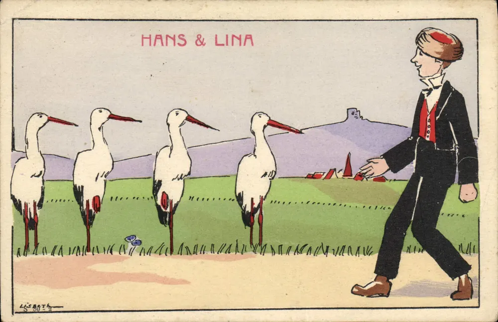 Hans & Lina — Ilustração de Cigognas — Léon Bergaret, n° 3672 - Frente