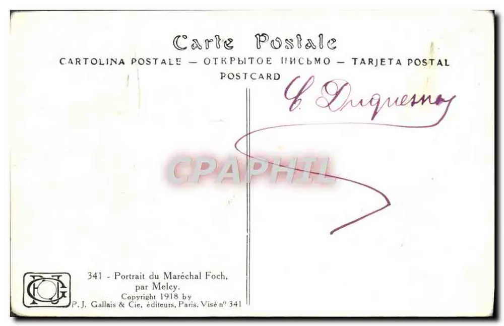 Maréchal Foch — retrato militar — P.J. Gallais & Cie, n° 341 - Verso