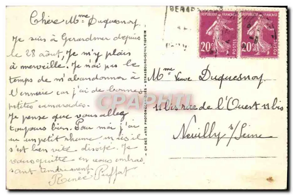 Gérardmer — Vista geral tirada da Creuse — Bilhete postal antigo n°187, editor C. des Arts Photomécaniques - Verso