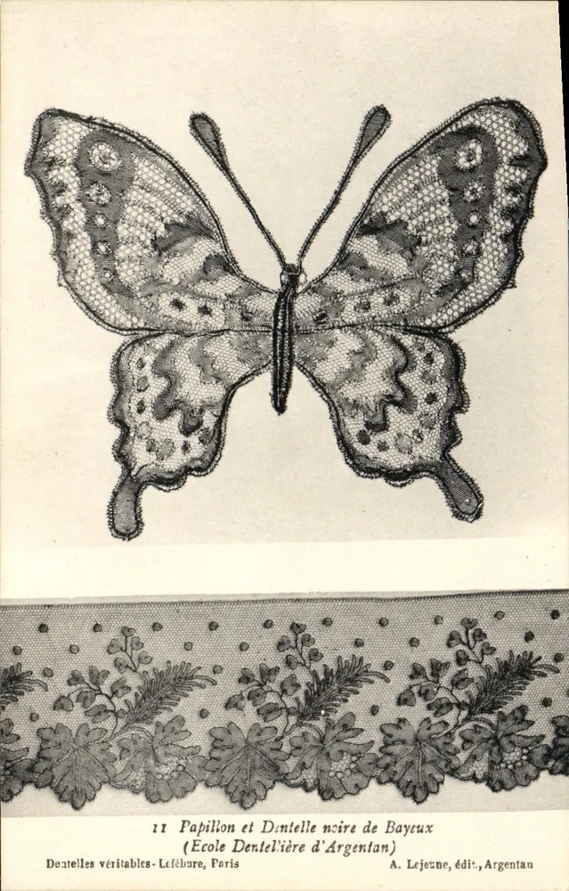 Schmetterling und schwarze Bayeux Spitze — (Schule der Spitze Argentan) — A. Lejeune, Verlag, Argentan - Vorderseite