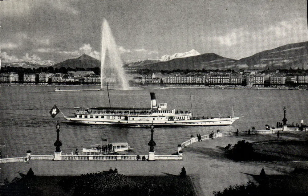 Genf — Der Hafen, die Wasserfontäne (120 m.) und der Mont Blanc — Éditions Jaeger Genf, Nr. 6004 - Vorderseite