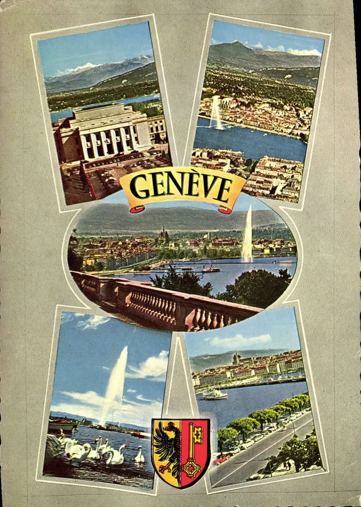 Genf — luftige Ansicht, Wasserfontäne, See und Berge — Ausgabe Jaeger - Vorderseite